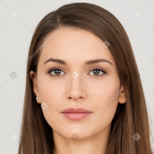 Neutral white young-adult female with long  brown hair and brown eyes