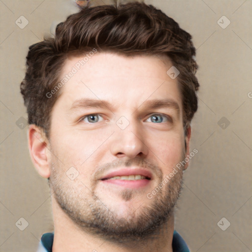 Neutral white young-adult male with short  brown hair and grey eyes