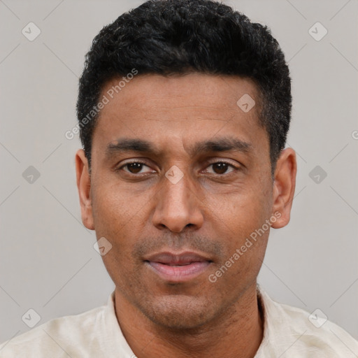 Neutral latino adult male with short  black hair and brown eyes