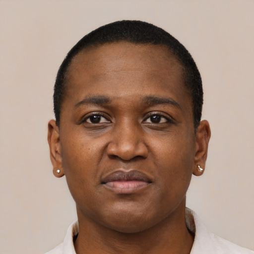 Joyful black young-adult male with short  brown hair and brown eyes