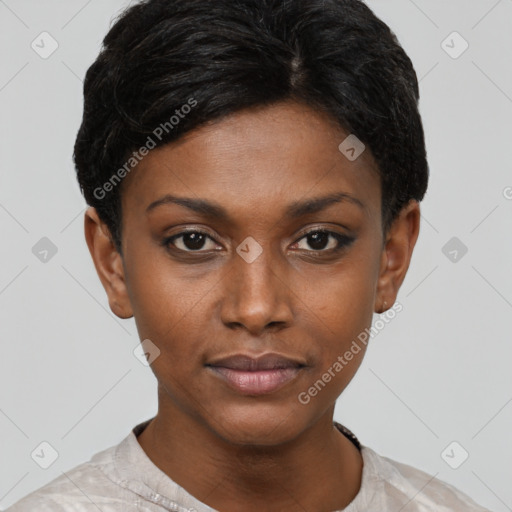 Neutral asian young-adult female with short  black hair and brown eyes