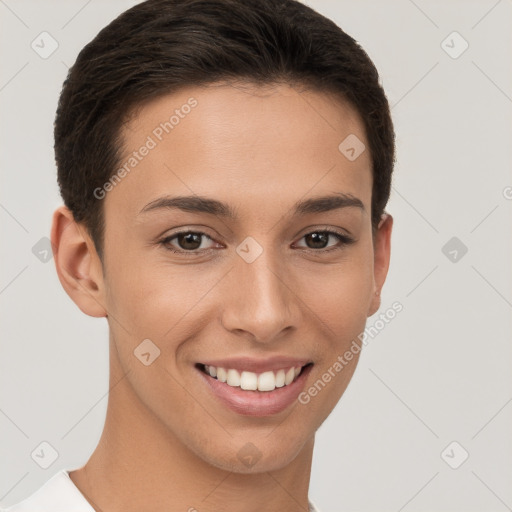 Joyful white young-adult female with short  brown hair and brown eyes