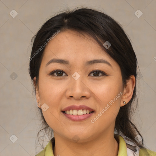 Joyful asian young-adult female with medium  brown hair and brown eyes