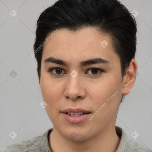 Joyful latino young-adult female with short  brown hair and brown eyes