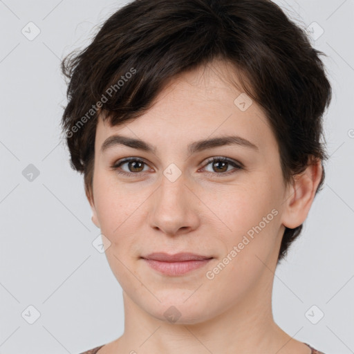 Joyful white young-adult female with short  brown hair and brown eyes