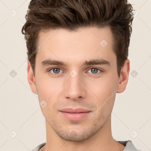 Neutral white young-adult male with short  brown hair and brown eyes