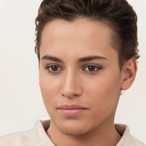 Neutral white young-adult female with short  brown hair and brown eyes