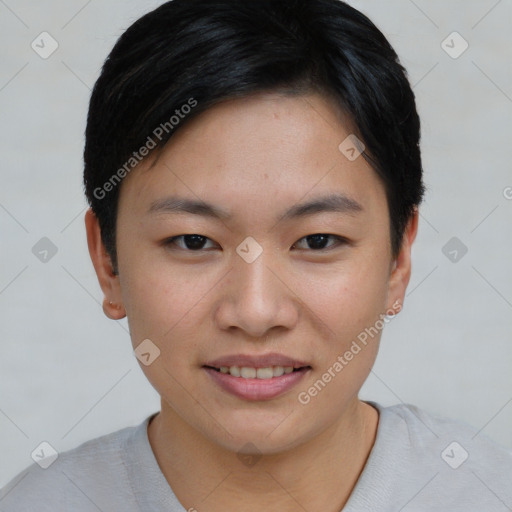 Joyful asian young-adult female with short  black hair and brown eyes