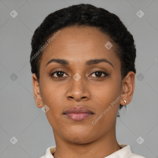 Joyful latino young-adult female with short  brown hair and brown eyes