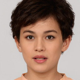 Neutral white young-adult female with short  brown hair and brown eyes