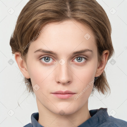 Neutral white young-adult female with medium  brown hair and grey eyes