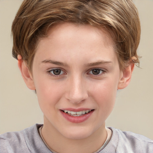 Joyful white child female with short  brown hair and brown eyes