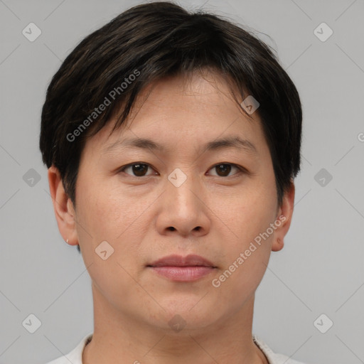 Neutral asian young-adult male with short  brown hair and brown eyes