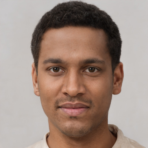 Neutral black young-adult male with short  black hair and brown eyes