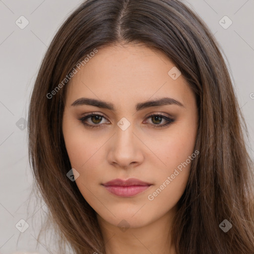 Neutral white young-adult female with long  brown hair and brown eyes