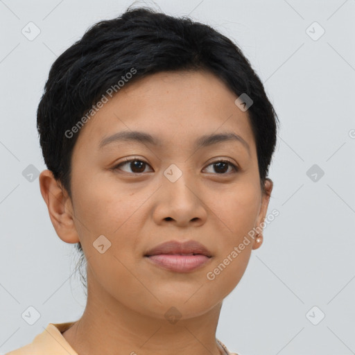 Joyful asian young-adult female with short  brown hair and brown eyes