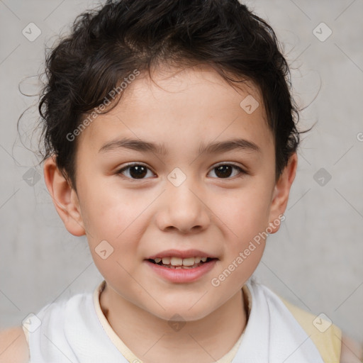 Joyful white child male with short  brown hair and brown eyes