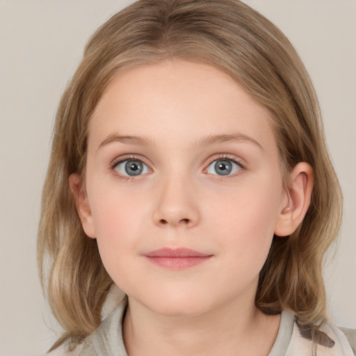 Neutral white child female with medium  brown hair and grey eyes