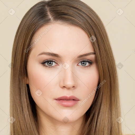 Neutral white young-adult female with long  brown hair and brown eyes