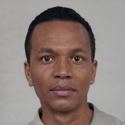 Neutral black adult male with short  black hair and brown eyes