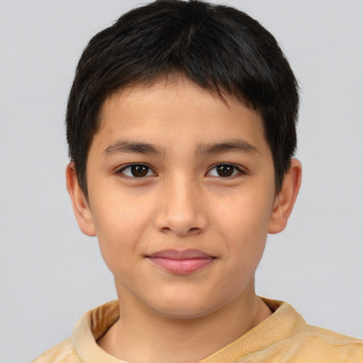 Joyful asian child male with short  brown hair and brown eyes
