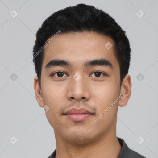 Neutral asian young-adult male with short  black hair and brown eyes