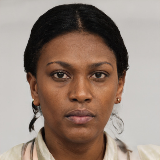 Neutral latino young-adult female with medium  black hair and brown eyes