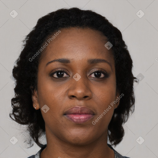 Joyful black young-adult female with long  black hair and brown eyes