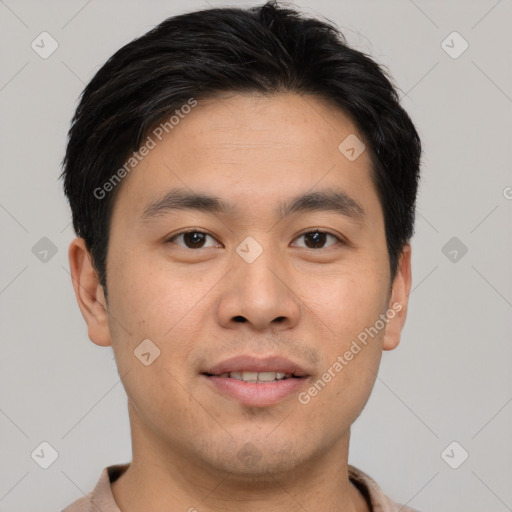 Joyful asian young-adult male with short  brown hair and brown eyes