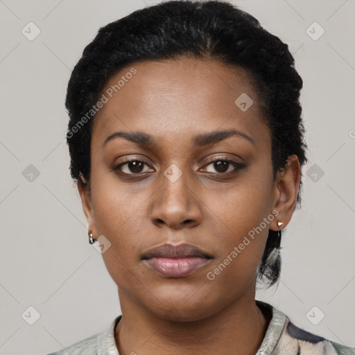 Neutral black young-adult female with short  black hair and brown eyes