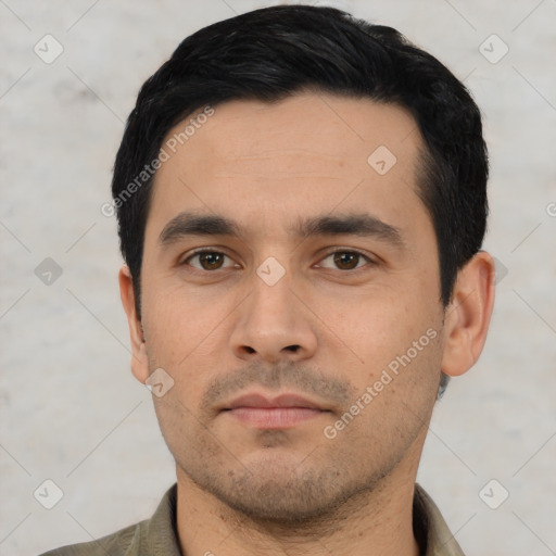 Neutral asian young-adult male with short  black hair and brown eyes