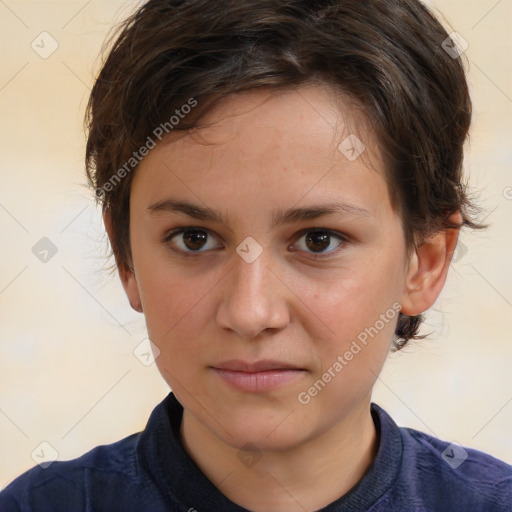 Neutral white young-adult female with short  brown hair and brown eyes