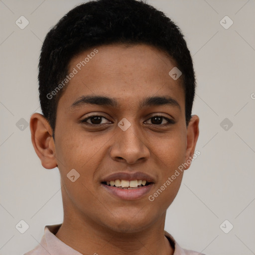 Joyful latino young-adult male with short  brown hair and brown eyes