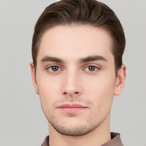 Neutral white young-adult male with short  brown hair and brown eyes