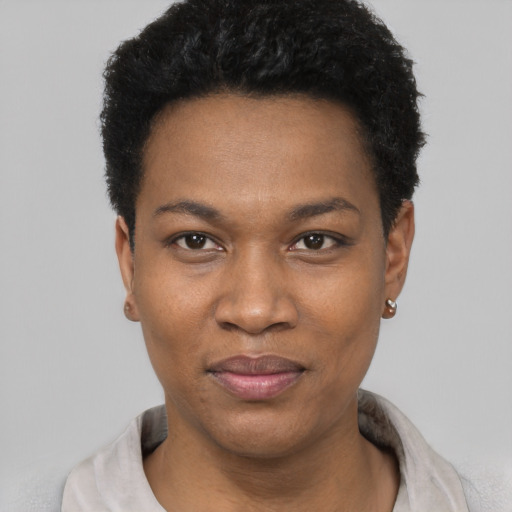 Neutral black young-adult female with short  black hair and brown eyes