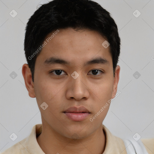 Neutral asian young-adult male with short  brown hair and brown eyes