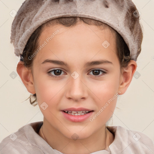 Joyful white child female with short  brown hair and brown eyes