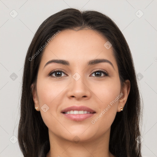 Joyful white young-adult female with long  brown hair and brown eyes