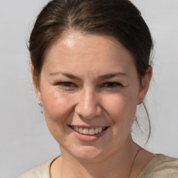 Joyful white adult female with medium  brown hair and brown eyes