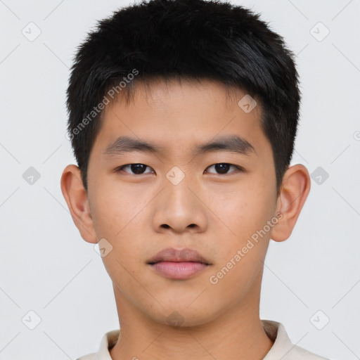 Neutral asian young-adult male with short  brown hair and brown eyes