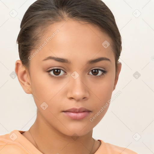 Neutral white young-adult female with short  brown hair and brown eyes