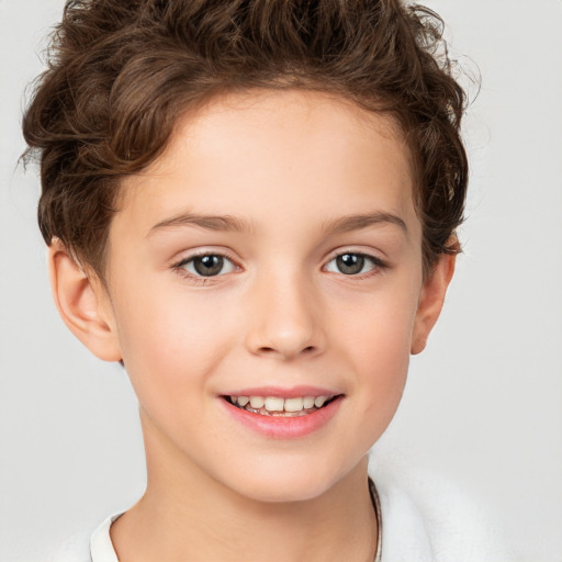 Joyful white child female with short  brown hair and brown eyes