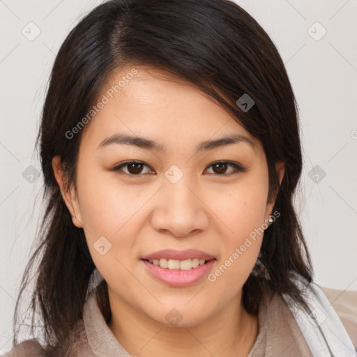 Joyful white young-adult female with medium  brown hair and brown eyes