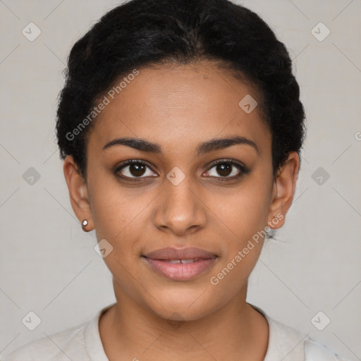 Joyful latino young-adult female with short  brown hair and brown eyes