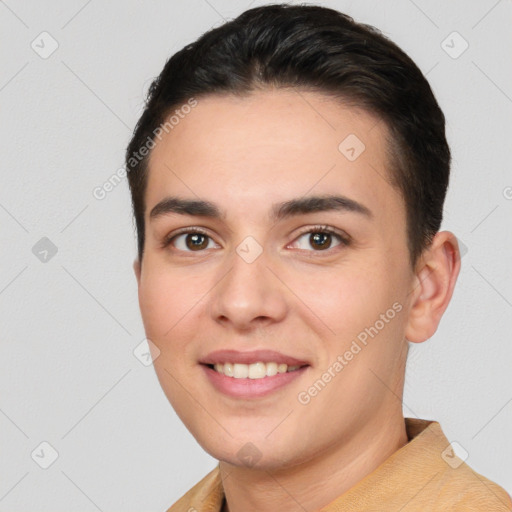 Joyful white young-adult female with short  brown hair and brown eyes