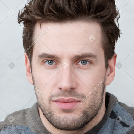 Neutral white young-adult male with short  brown hair and grey eyes