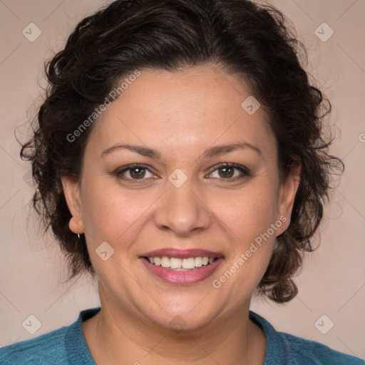 Joyful white young-adult female with medium  brown hair and blue eyes