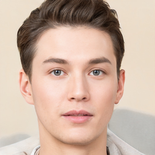 Neutral white young-adult male with short  brown hair and brown eyes