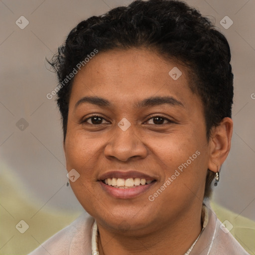 Joyful latino young-adult female with short  brown hair and brown eyes