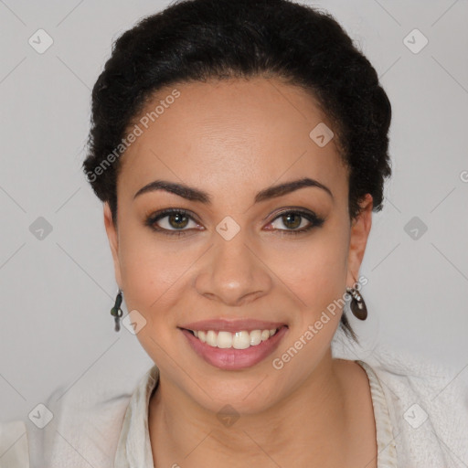 Joyful latino young-adult female with short  brown hair and brown eyes